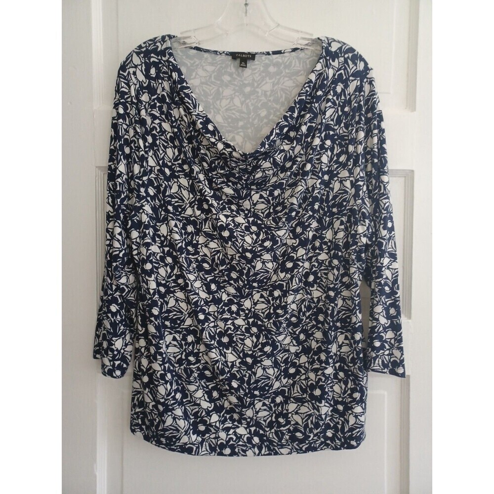 Talbots navy floral print drape neck knit top XL pullover classic soft comfy